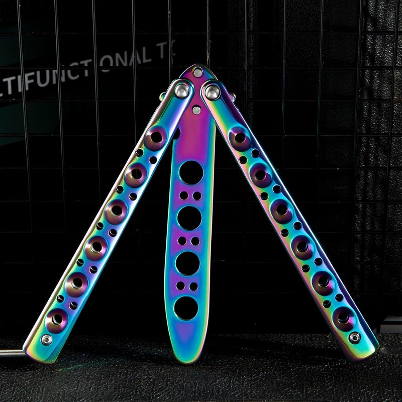 Dispatch Color Titanium-Coated 3Cr13 Stainless Steel Butterfly Knife Trainer with Circular Cutouts | Unsharpened Balisong for Tactical Training, EDC Flipping, Anime Cosplay - Image 4